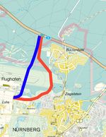 Geplanter Verlauf der Nordanbindung (blau) und ein Alternativvorschlag (rot) aus dem Raumordnungsverfahren Verlauf der Nordanbindung
